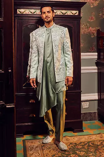 Sage open jaquard embroidered bandhgala set