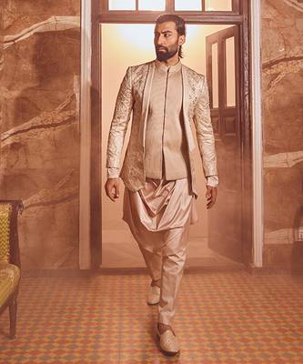 Champagne embossed silk brocade open indo-western 1