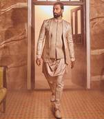 Champagne embossed silk brocade open indo-western