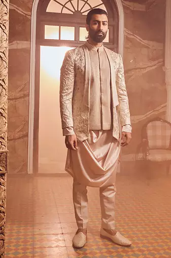 Champagne embossed silk brocade open indo-western