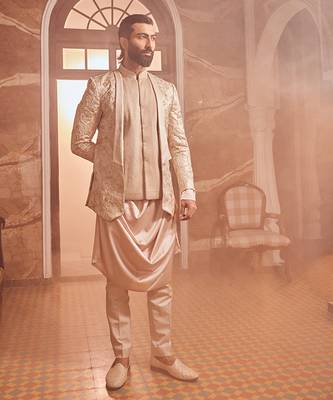 Champagne embossed silk brocade open indo-western 3