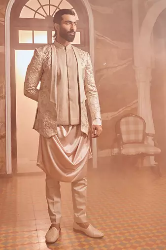 Champagne embossed silk brocade open indo-western