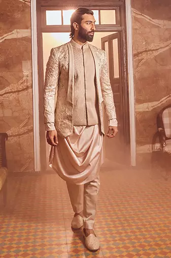 Champagne embossed silk brocade open indo-western