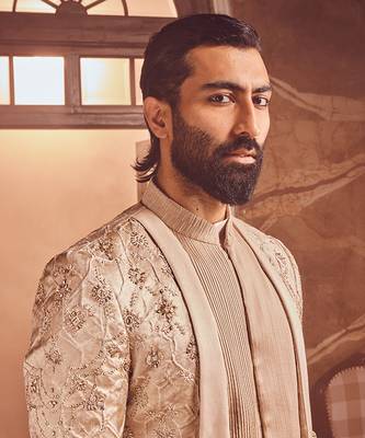Champagne embossed silk brocade open indo-western 5