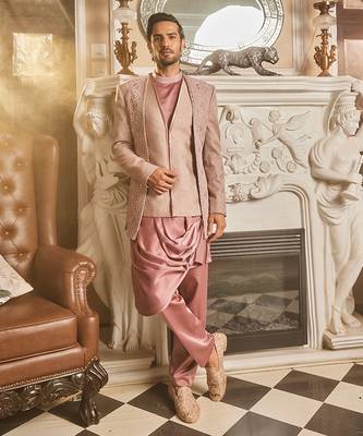 Lilac silk brocade embroidered bandhgala set 1