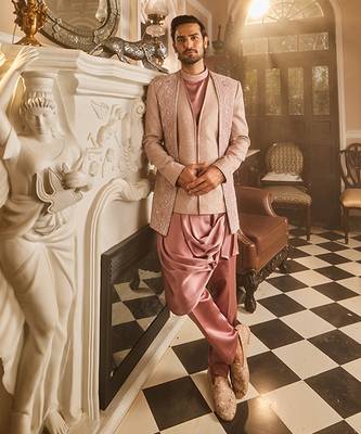 Lilac silk brocade embroidered bandhgala set 2