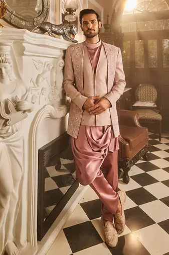Lilac silk brocade embroidered bandhgala set