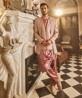 Lilac silk brocade embroidered bandhgala set 3