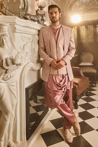 Lilac silk brocade embroidered bandhgala set