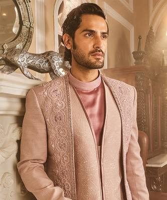 Lilac silk brocade embroidered bandhgala set 4