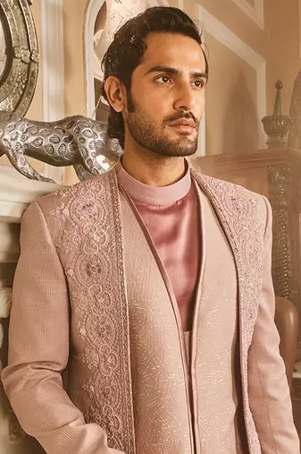Lilac silk brocade embroidered bandhgala set
