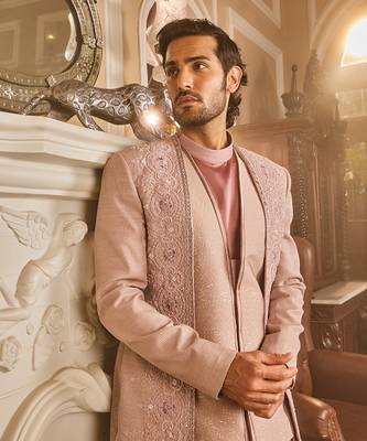 Lilac silk brocade embroidered bandhgala set 5