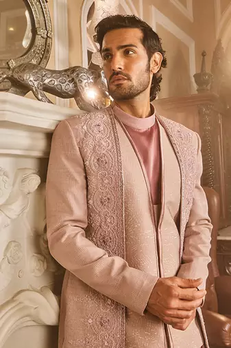 Lilac silk brocade embroidered bandhgala set