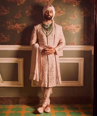 Light pink palm silk hand-embroidered sherwani 1