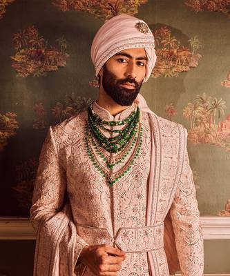 Light pink palm silk hand-embroidered sherwani 2