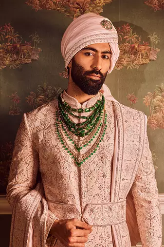Light pink palm silk hand-embroidered sherwani
