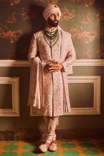 Light pink palm silk hand-embroidered sherwani