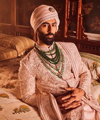 Light pink palm silk hand-embroidered sherwani 4