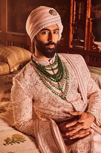 Light pink palm silk hand-embroidered sherwani