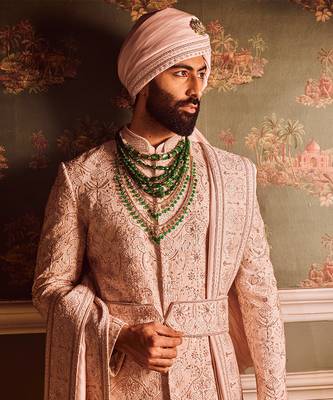 Light pink palm silk hand-embroidered sherwani 5
