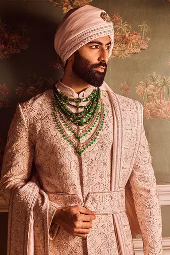 Light pink palm silk hand-embroidered sherwani