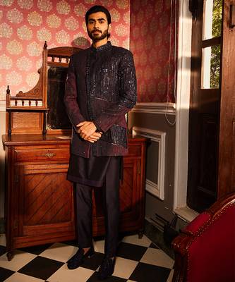 Twilight embroidered asymmetrical silk indo-western set 1