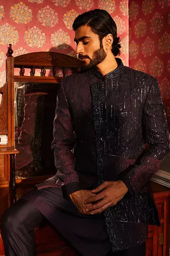 Twilight embroidered asymmetrical silk indo-western set