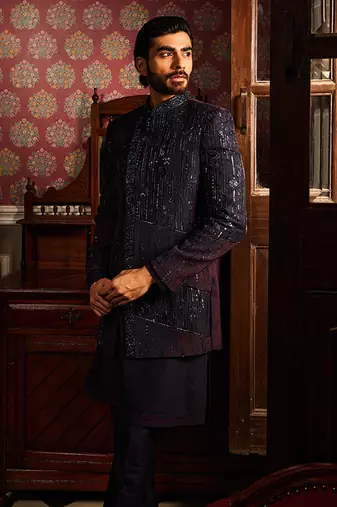 Twilight embroidered asymmetrical silk indo-western set