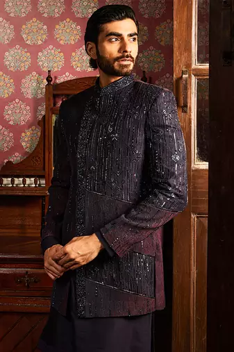 Twilight embroidered asymmetrical silk indo-western set