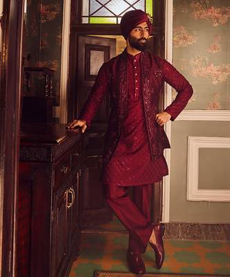 Ruby chanderi embroidered open kurta bundi set 1