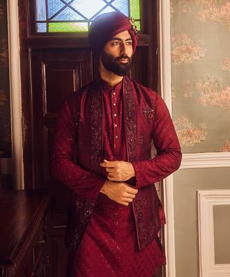 Ruby chanderi embroidered open kurta bundi set 2
