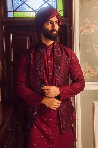 Ruby chanderi embroidered open kurta bundi set