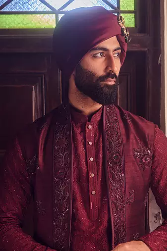 Ruby chanderi embroidered open kurta bundi set