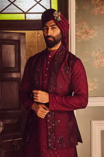Ruby chanderi embroidered open kurta bundi set