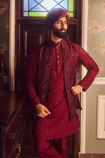 Ruby chanderi embroidered open kurta bundi set