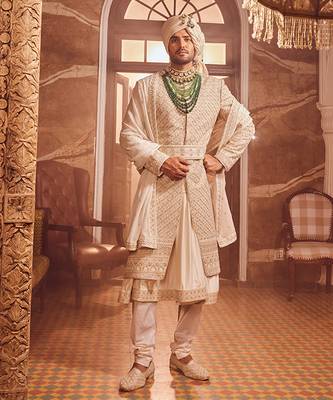 Ivory raw silk zardozi embroidered sherwani 1