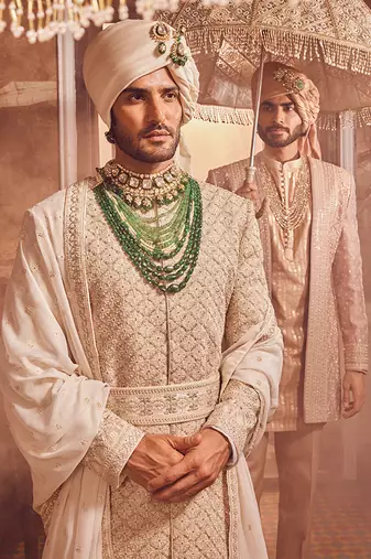 Ivory raw silk zardozi embroidered sherwani