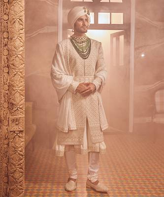 Ivory raw silk zardozi embroidered sherwani 3