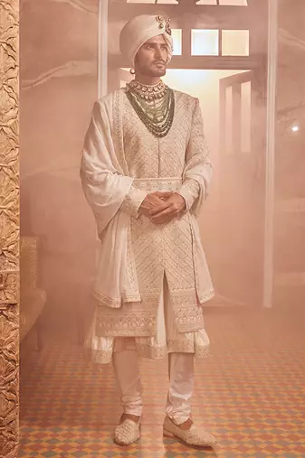 Ivory raw silk zardozi embroidered sherwani