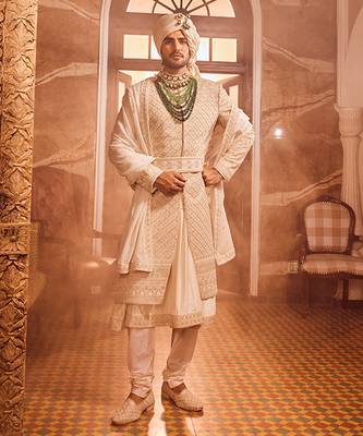 Ivory raw silk zardozi embroidered sherwani 4