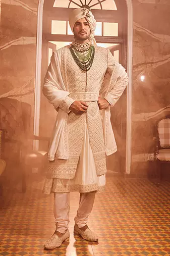 Ivory raw silk zardozi embroidered sherwani