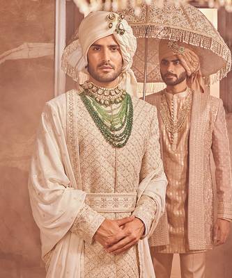 Ivory raw silk zardozi embroidered sherwani 5
