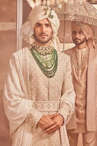 Ivory raw silk zardozi embroidered sherwani