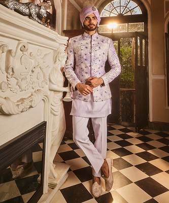 Lilac chanderi silk tie-dye embroidered bandhgala set 1