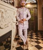 Lilac chanderi silk tie-dye embroidered bandhgala set