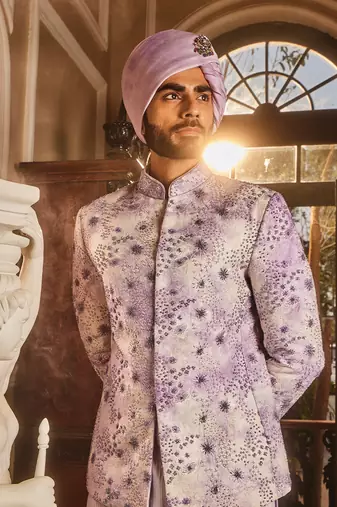 Lilac chanderi silk tie-dye embroidered bandhgala set