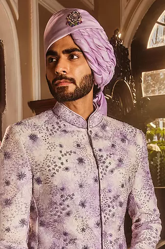 Lilac chanderi silk tie-dye embroidered bandhgala set