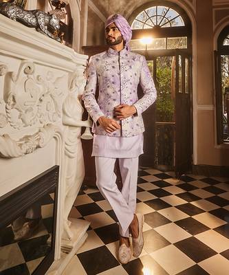 Lilac chanderi silk tie-dye embroidered bandhgala set 4
