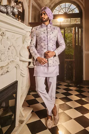 Lilac chanderi silk tie-dye embroidered bandhgala set