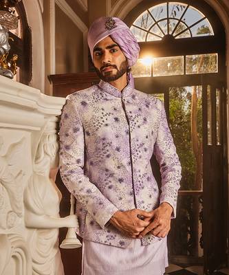 Lilac chanderi silk tie-dye embroidered bandhgala set 5